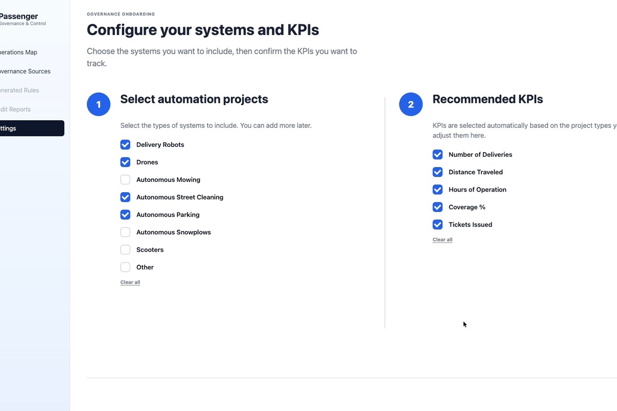 Passenger setup screen: choosing which automation types to include -- delivery robots, drones, mowing, street cleaning, parking -- and the shared measures applied to them