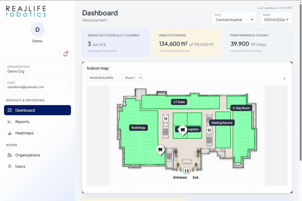 Passenger dashboard: areas covered, square footage completed and the indoor map for a site