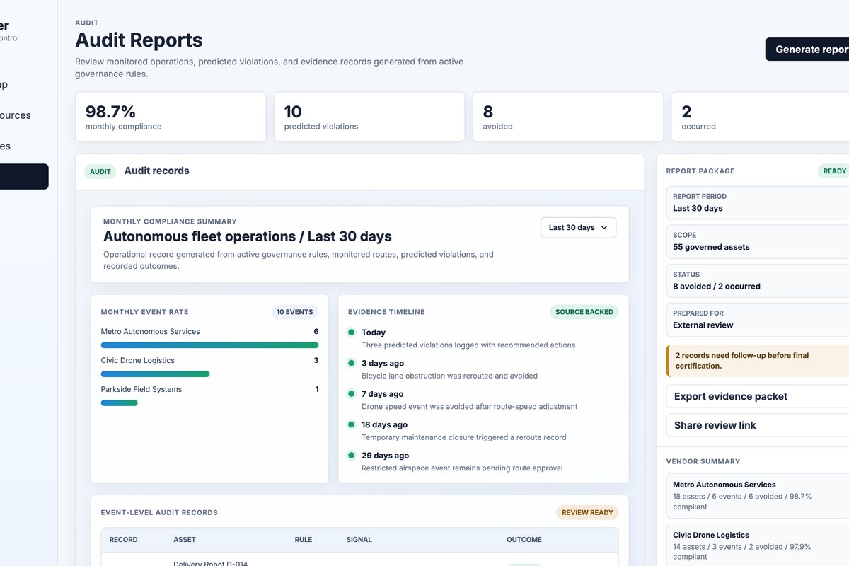 Passenger audit report: monthly compliance, an evidence timeline, per-vendor summary and an exportable evidence packet