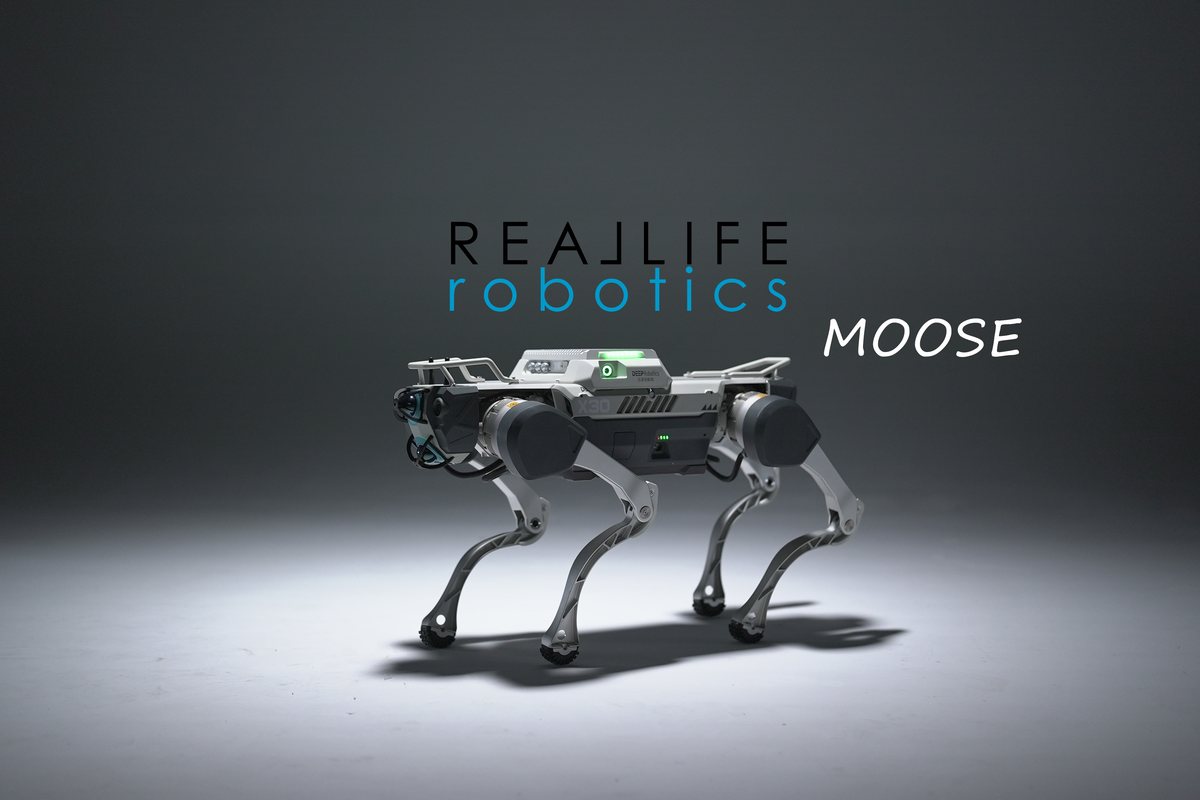 Moose, a four-legged Real Life Robotics platform, alongside the wheeled delivery robot