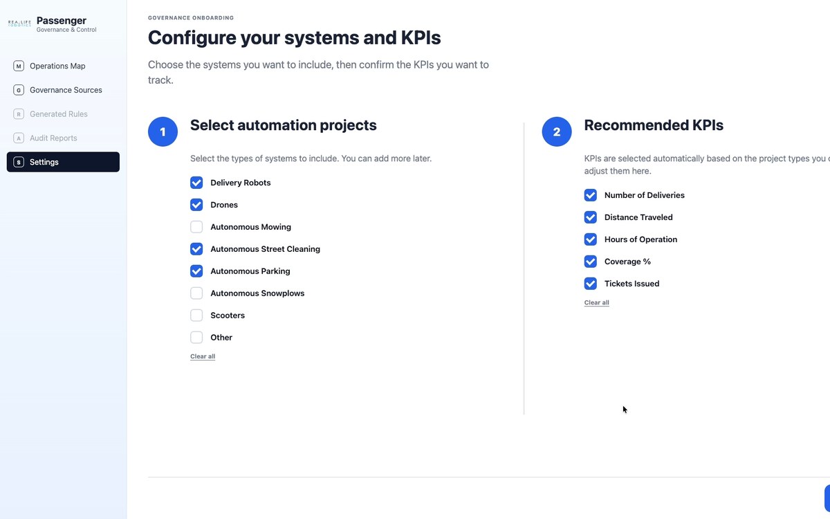 Passenger setup: choosing which automation types to include and confirming the measures tracked across all of them