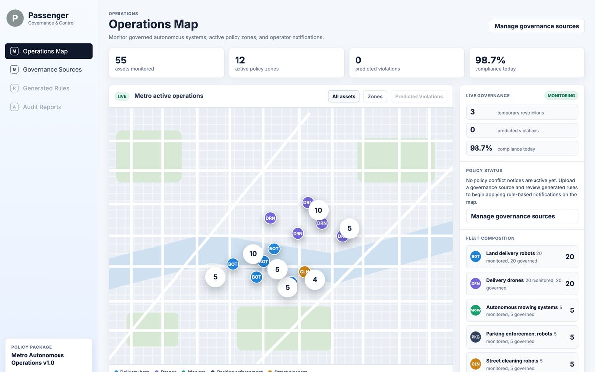 Passenger operations map: governed autonomous systems, active policy zones and operator notifications across a municipal area. The operations view a city holds. Illustrative data on a schematic basemap.