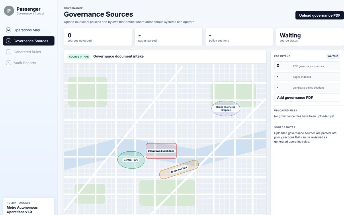 Passenger governance sources: the policies and bylaws a city uploads, parsed into the rules that define where autonomous systems may operate